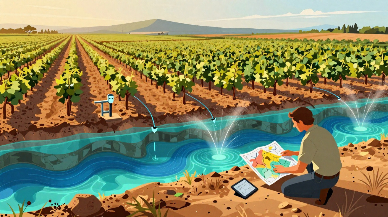 Agricultor analisa mapa junto a sistema de irrigação num campo de vinhas em plano de terra árido.