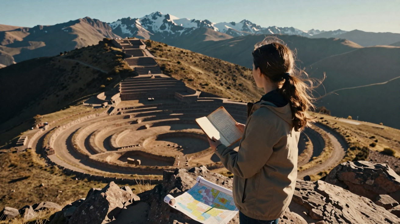 Mulher com livros e mapas observa ruínas circulares em montanha com picos nevados ao fundo.