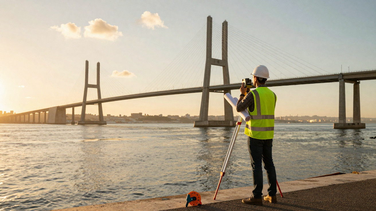 Engenheiro de segurança com colete refletor e capacete realiza medição junto a uma ponte sobre rio ao pôr do sol.
