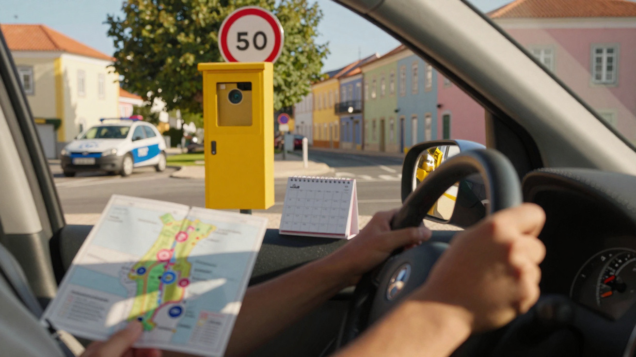 Vista do interior de um carro a aproximar-se de um radar amarelo na rua com uma viatura policial estacionada.